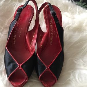 Get ready for the holidays in these red and black open toe sling back shoes!